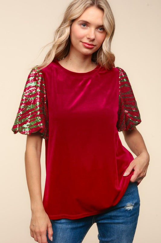 Haptics Red & Green Sequin Puff Sleeve Velvet Top Haptics