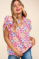 Haptics Beautiful You Ivory Floral Lace Frill Notch Neck Puff Sleeve Top Shirts & Tops