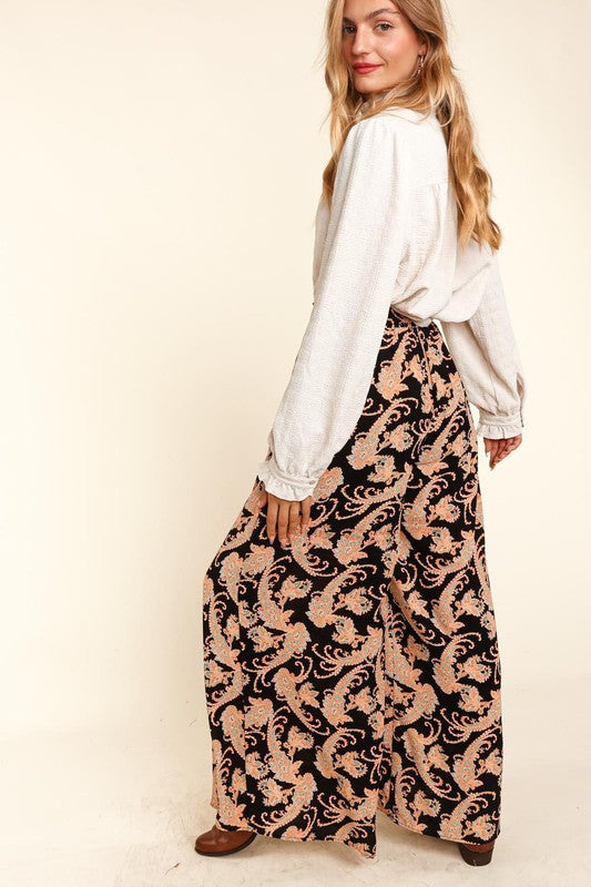 Haptics Fall Vibes Black Paisley Print Smocked Waist Palazzo Pants Haptics