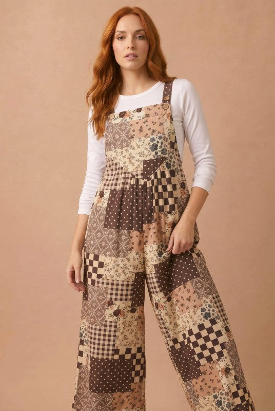 Haptics Cozy Patchwork Dreams Wide Leg Overall Set
