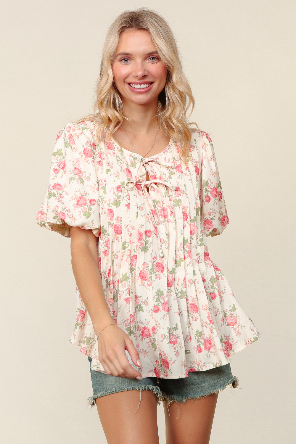 Haptics Pleated Ribbon Floral Bubble Short Sleeve Top Large