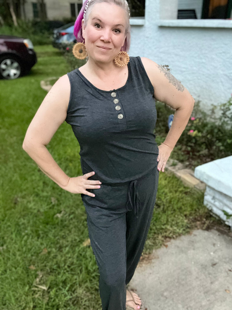 Zenana Relaxing Weekend Jumpsuit in Fall Colors Charcoal Ruby Idol Apparel