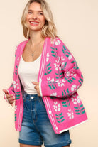 Haptics Fuchsia Flower Print Button Down Knit Cardigan Shirts & Tops