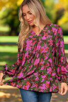 Haptics Eyes On You Forest Green Floral Smocked Bubble Sleeve V Neck Top Haptics