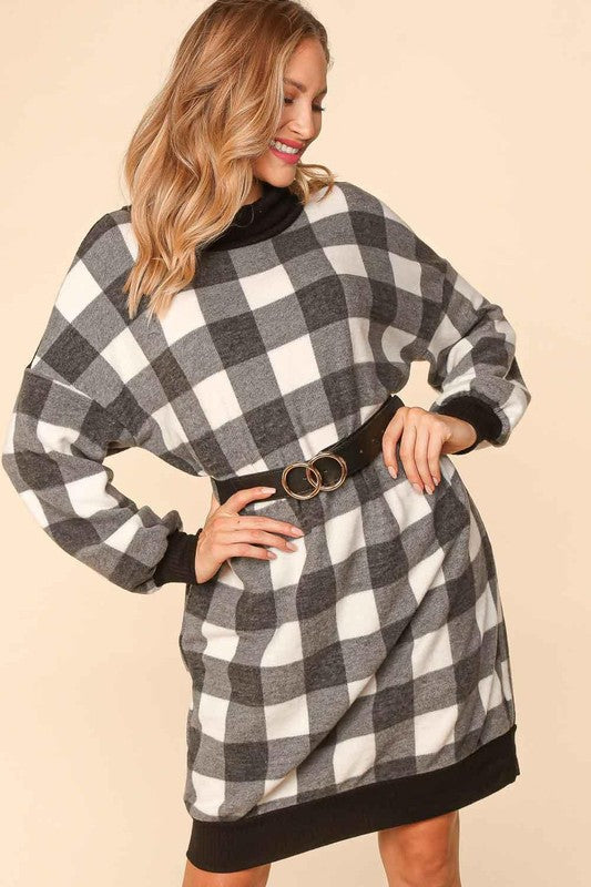 Haptics Black Buffalo Plaid Turtle Cowl Neck Belted Sweater Dress Final Sale Haptics