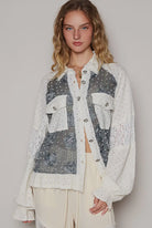 POL Eyelet Flower Pearl Detail Lace Patchwork Shirt in Charcoal and Cream Shirts & Tops