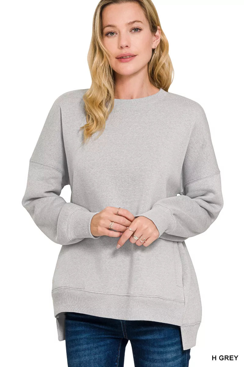 Zenana Heather Grey Fleece Hi-low Boyfriend Sweatshirts with Pockets