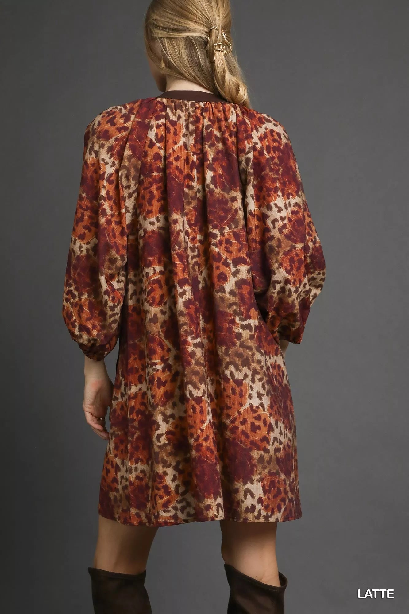 Umgee Latte Animal Print Boho Tunic Dress with Contrast Trim Detail