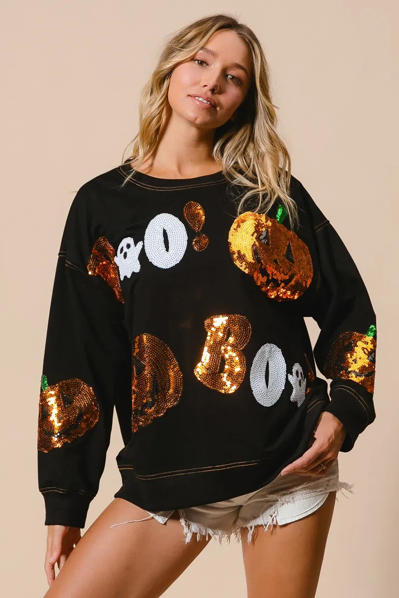 BiBi Black Halloween Theme Sequin Embroideries Sweatshirt