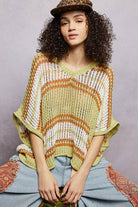 POL Lime Sage Openwork Lightweight Striped V-Neck Knit Top