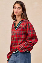 BiBi Christmas Red Plaid Collared Top with Ruffled Detail