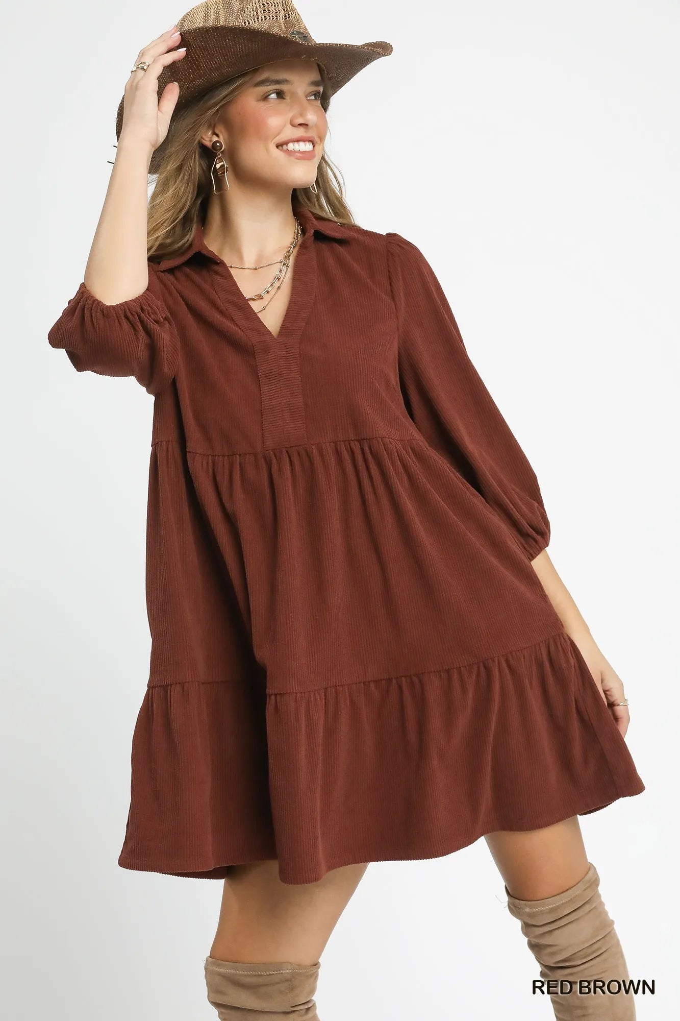 Umgee Red & Brown Tiered Corduroy Mini Dress with Balloon Sleeves RED BROWN