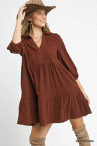 Umgee Red & Brown Tiered Corduroy Mini Dress with Balloon Sleeves RED BROWN