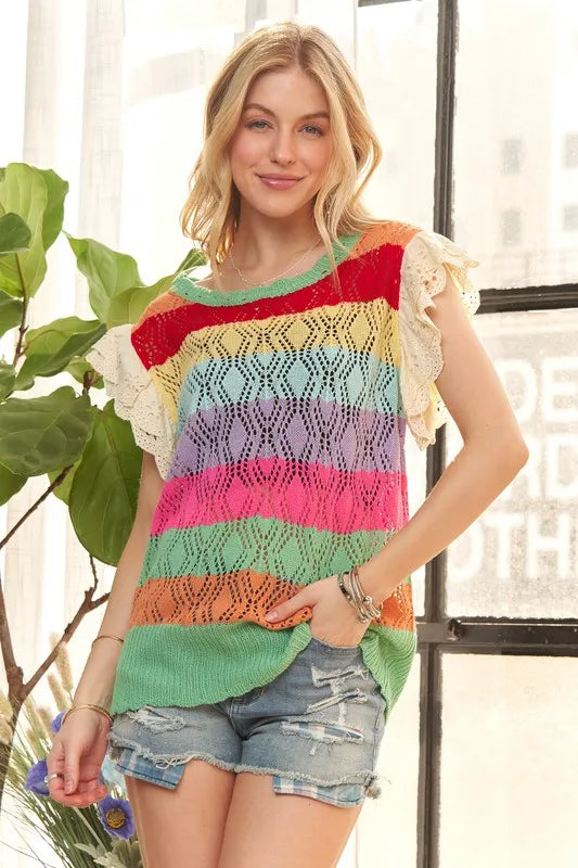 ADORA Eyelet Sleeve Multi Color Crochet Top D.MINT