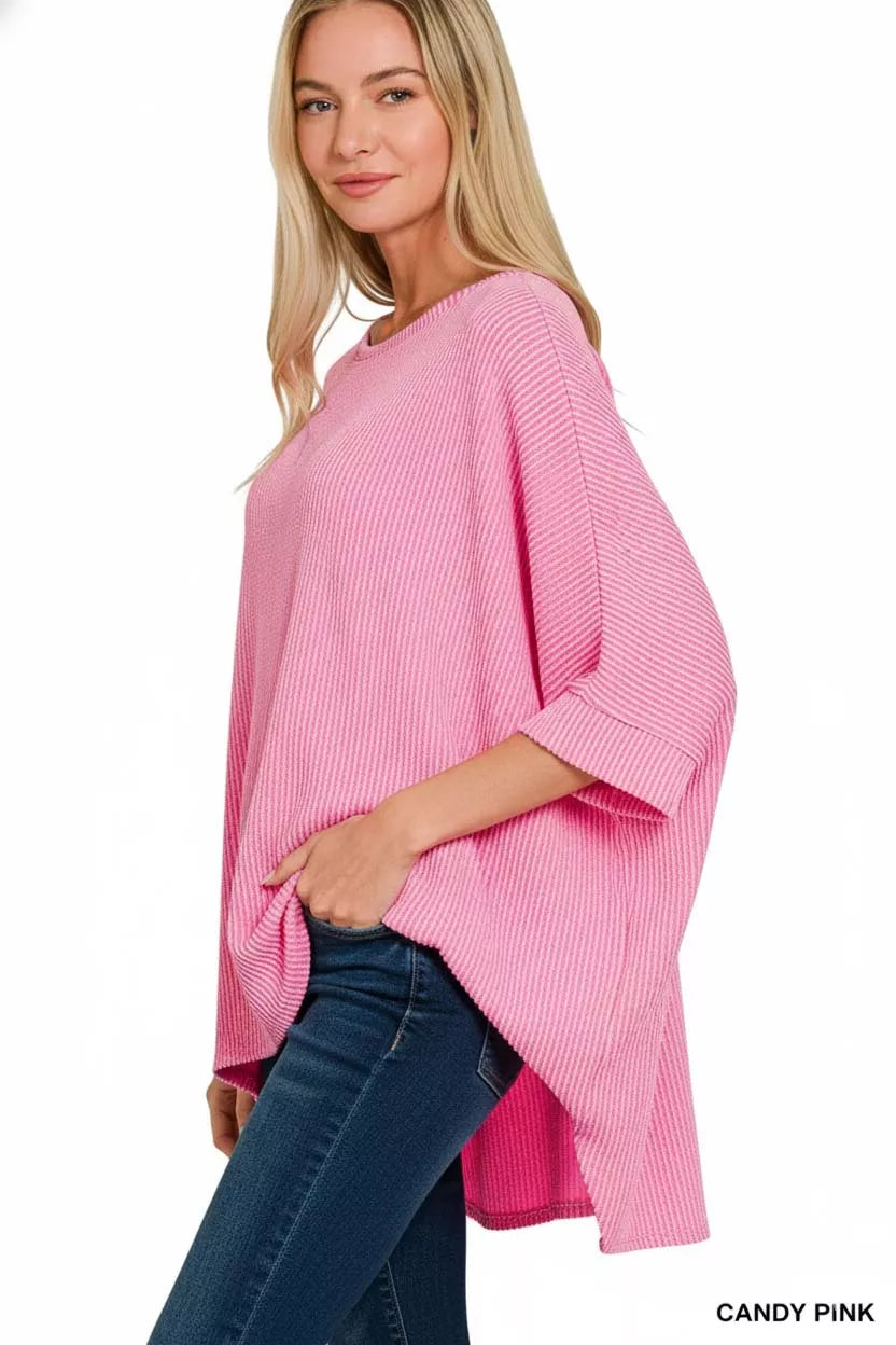 Zenana Candy Pink Round Neck Raised Rib Bat Sleeve Top