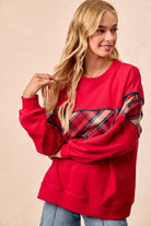 BiBi Red Christmas Theme Plaid Block Sweatshirt with Binding