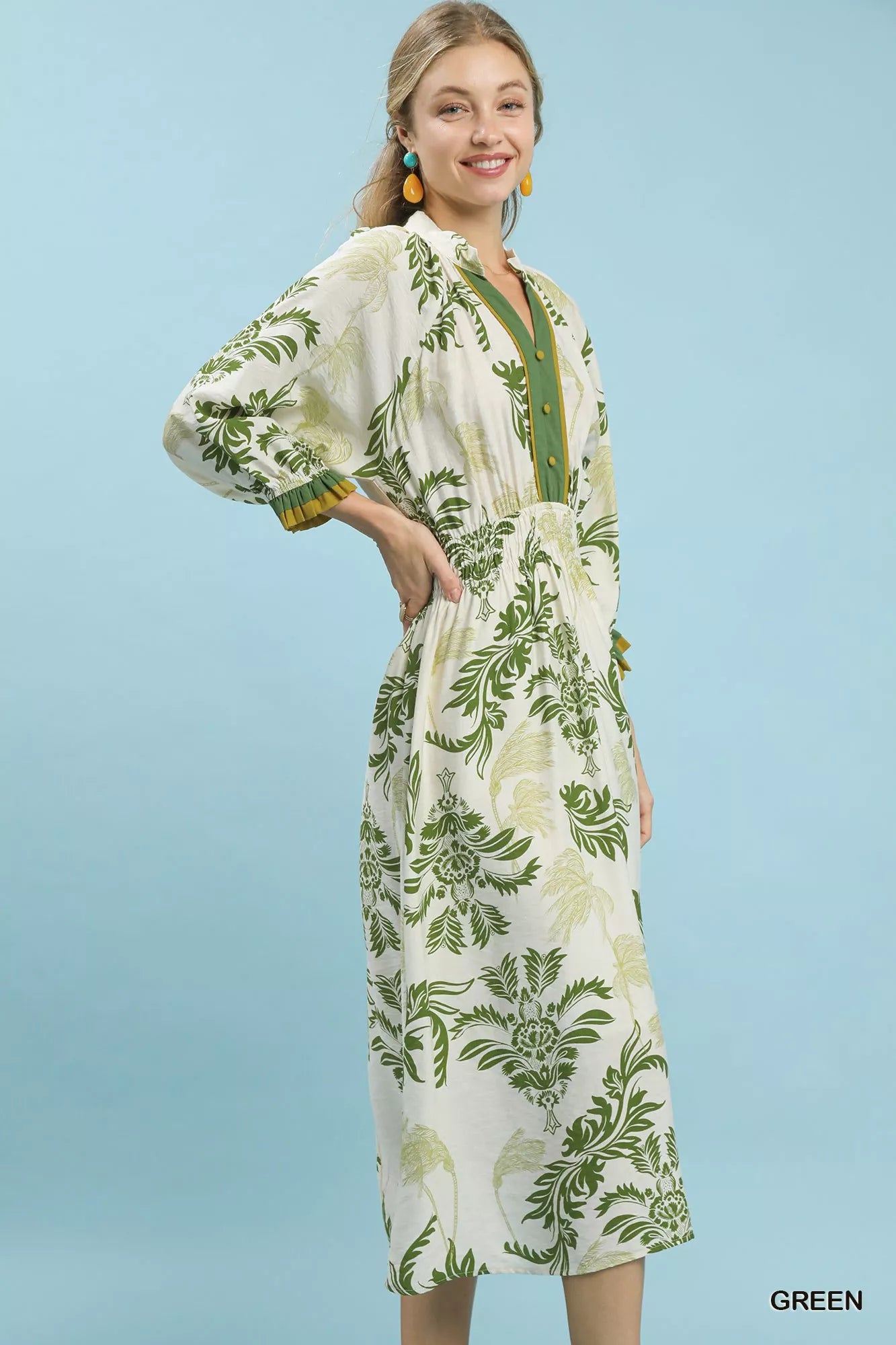 Umgee Green Tropical Print Button Detail Midi Dress