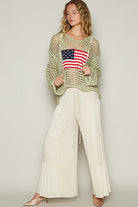 POL US Flag Hollowed Out Long Sleeve Knit Hooded Top in Sage