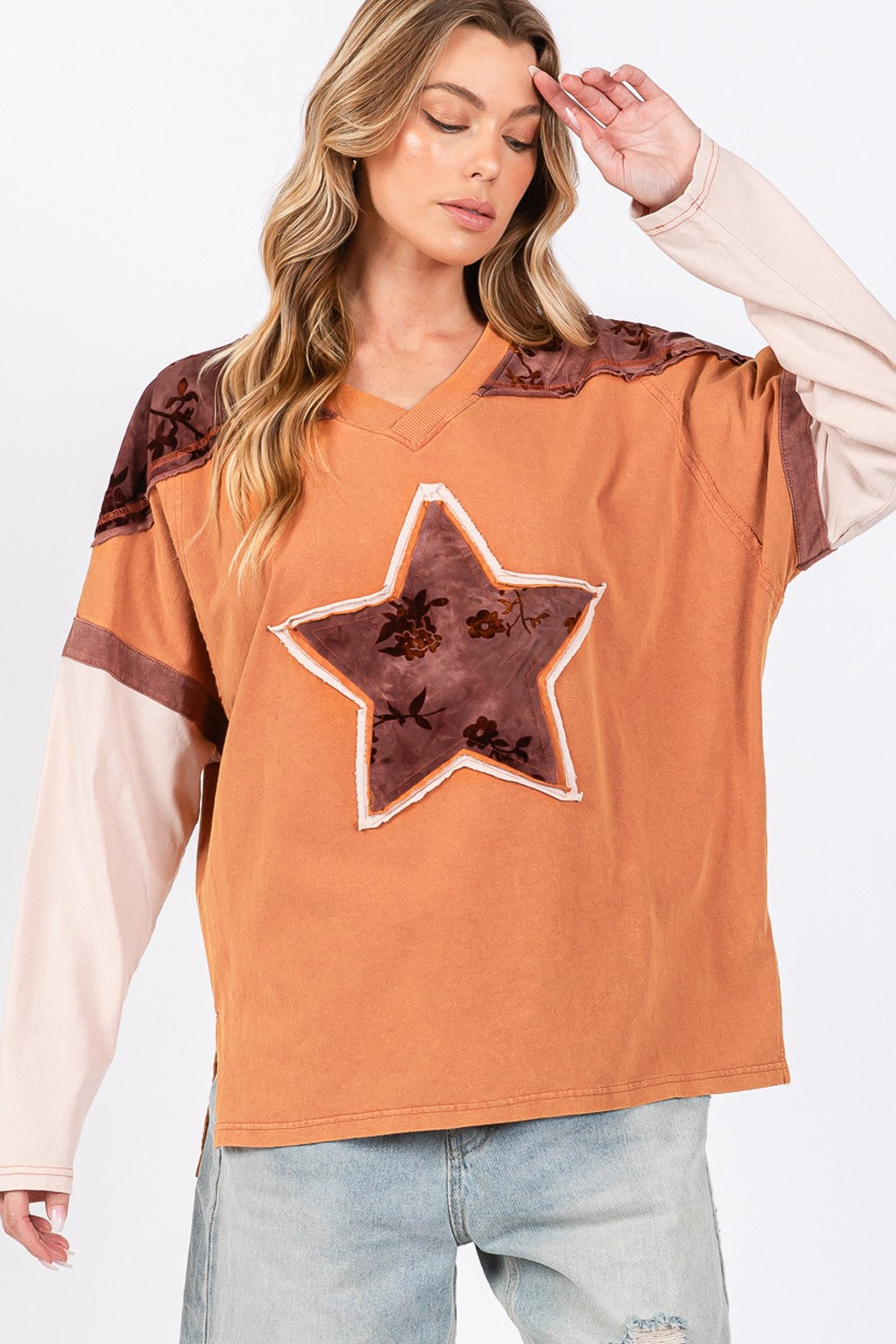 SAGE + FIG Rust Star Patch Long Sleeve Color Block T-Shirt Trendsi