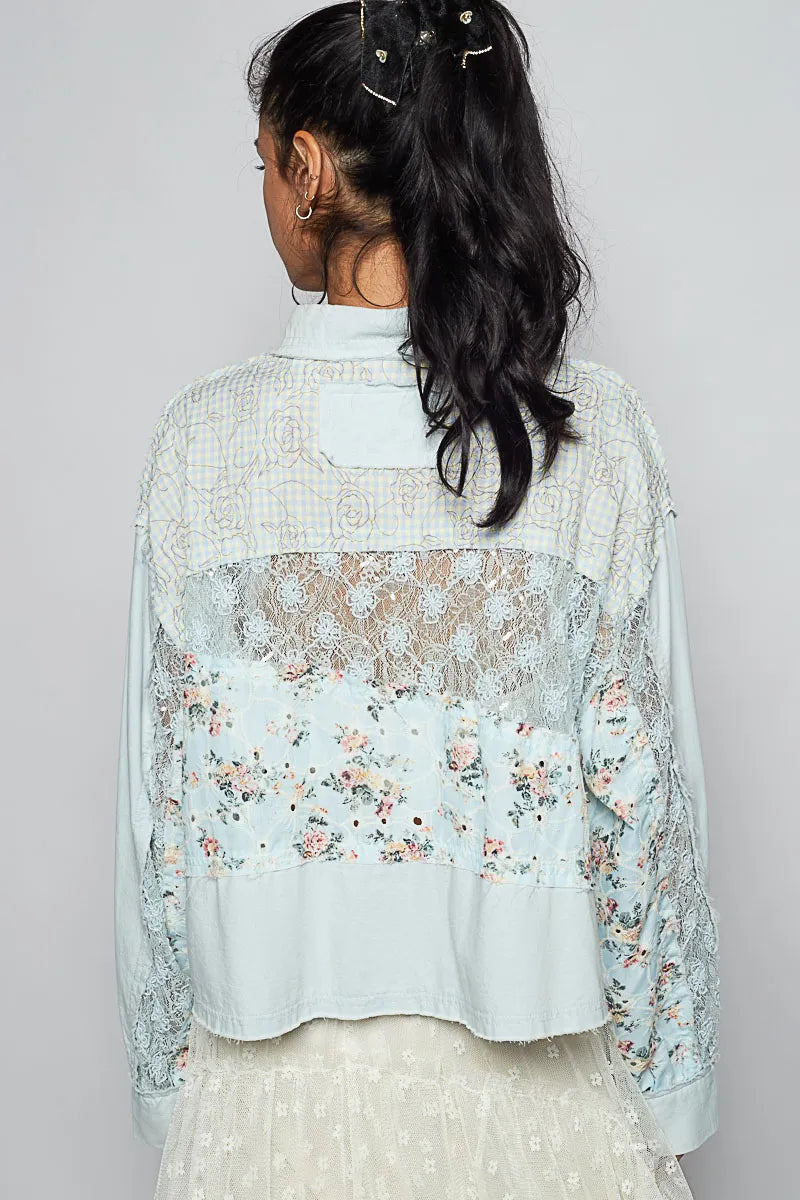 POL Pastel Blue Floral Long Sleeve Woven Blouse with Lace Panel Details