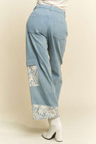 Davi & Dani Lace Applique Wide Leg Light Washed Jeans Pants