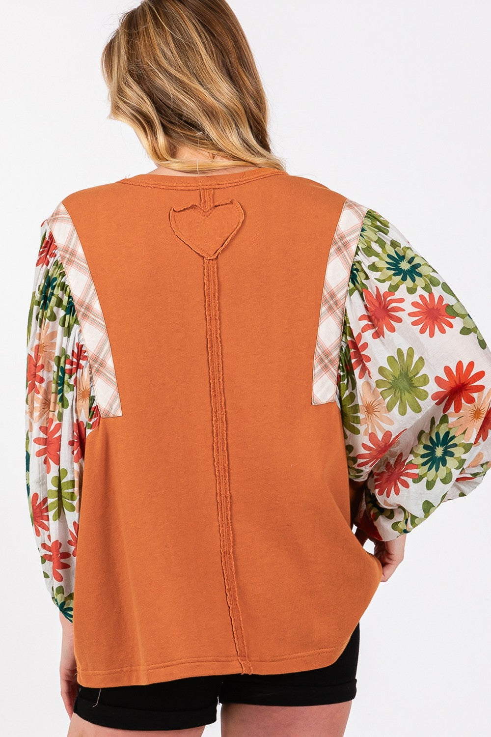 SAGE + FIG Caramel Printed Balloon Sleeve Contrast Top Trendsi