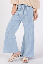 SAGE + FIG Light Blue Waffle Textured Wide Leg Mineral Washed Pants