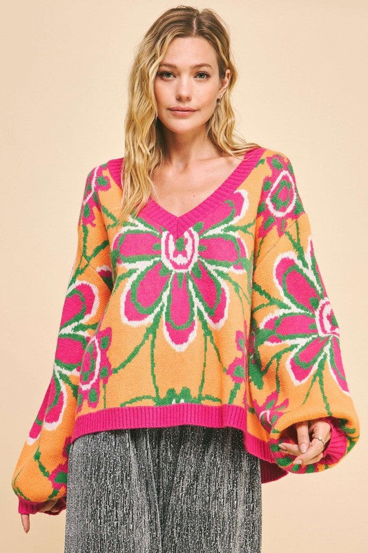 Davi & Dani Neon Orange Floral Contrast V-Neck Dropped Shoulder Sweater Neon Orange Multicolor Trendsi