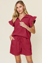 Double Take Quilted Textured Flounce Sleeve Top and Drawstring Shorts Set Deep Red Loungewear