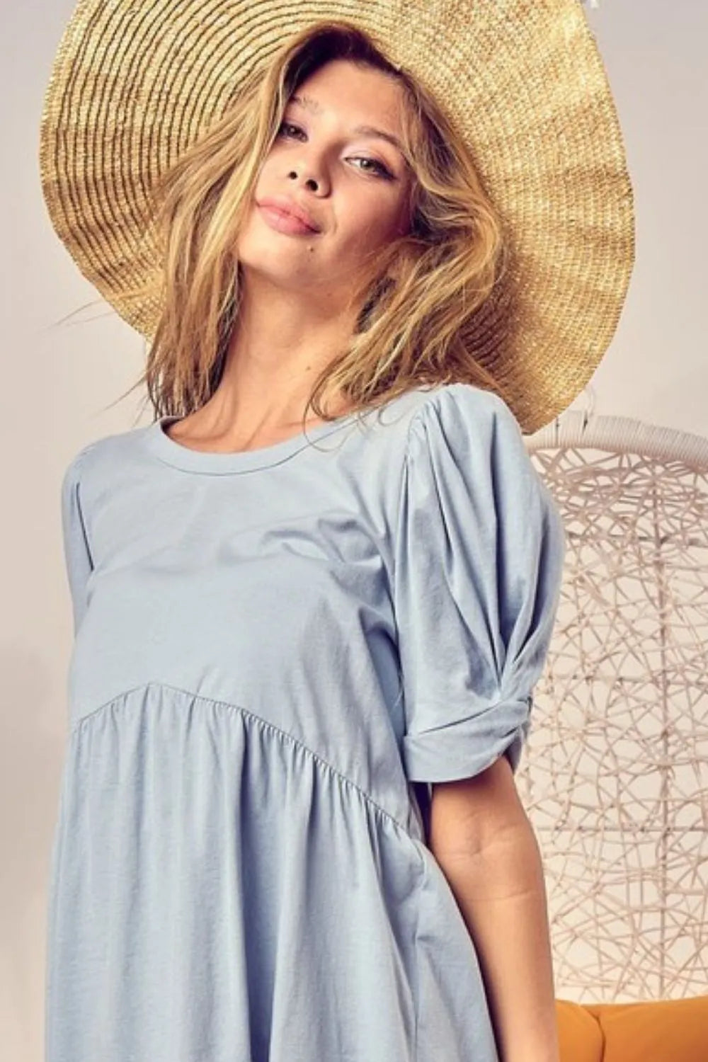 BiBi Light Blue Cotton Span Knit with Puff Sleeve Baby Doll Top