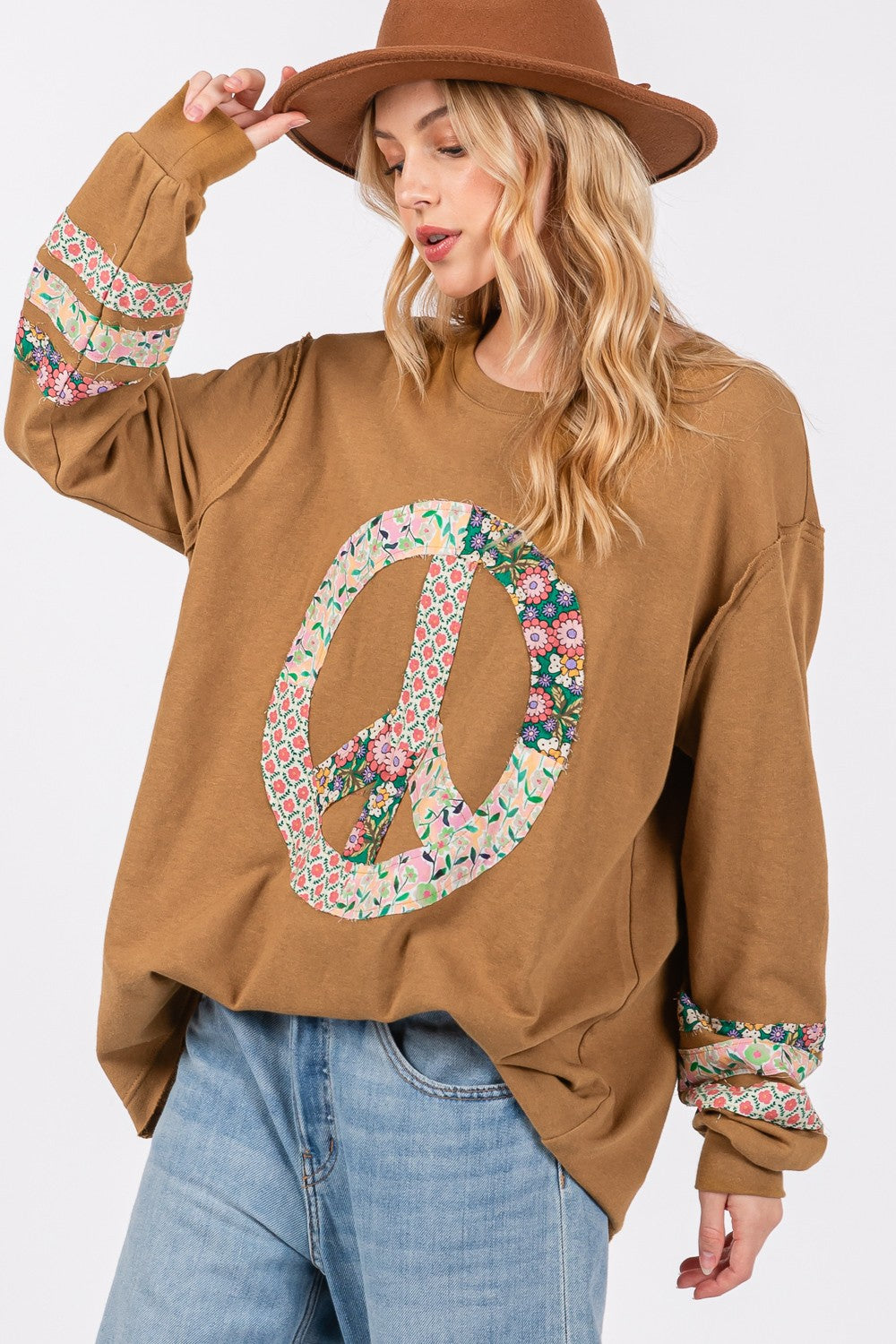 SAGE + FIG Peace Applique Patch Long Sleeve Top in Bronze Bronze Trendsi