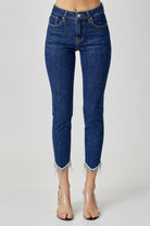 RISEN Dark Washed Embellished Mid Rise Crop Skinny Jeans Trendsi