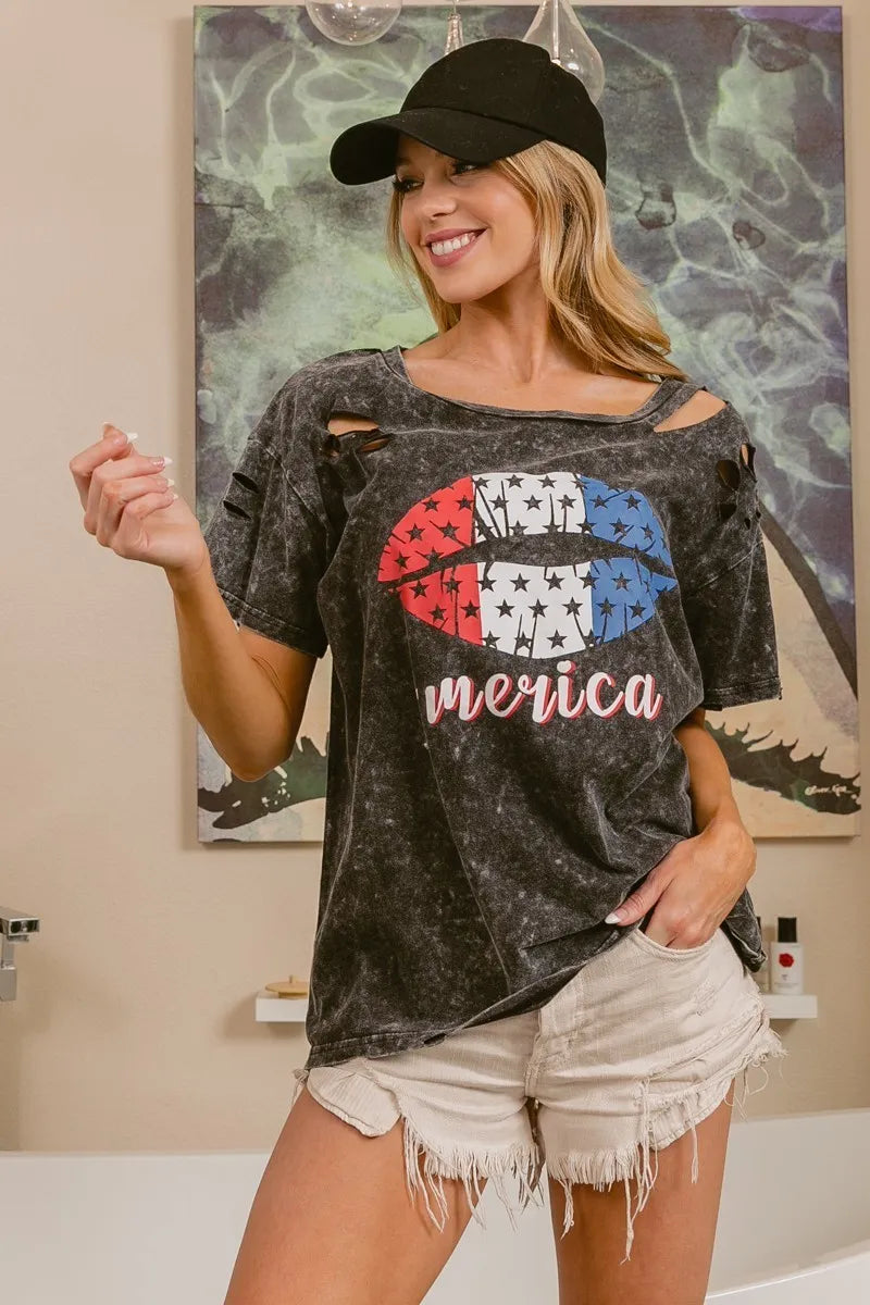 BiBi Laser Cut Mineral Washed Old Glory Lip Print Top in Black Charcoal