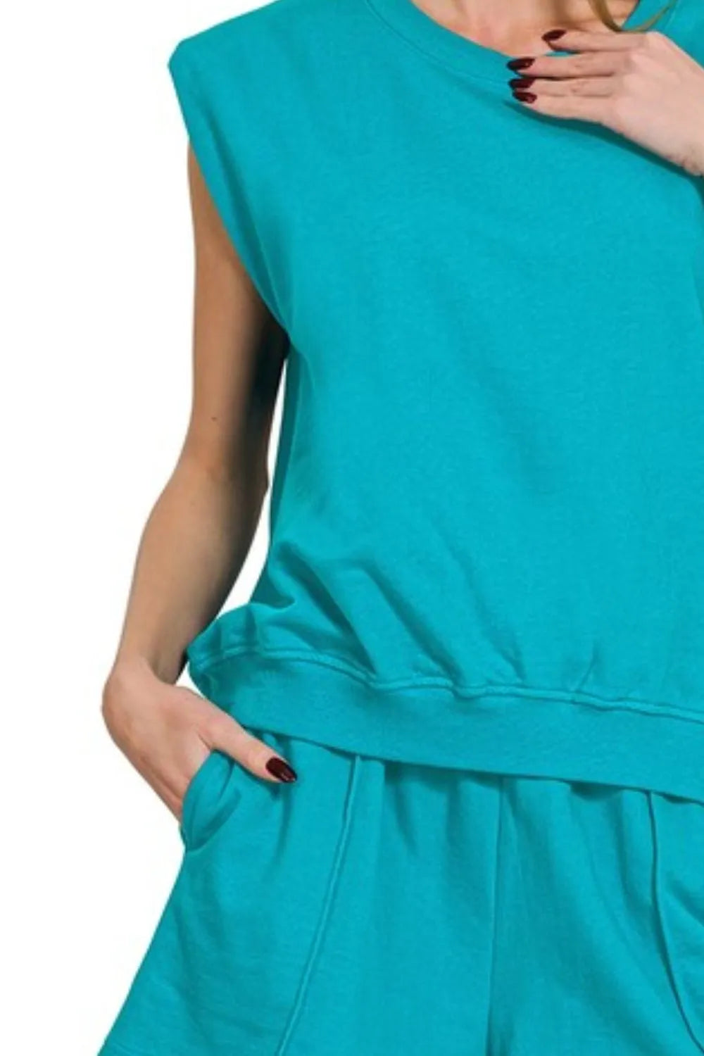 Zenana Light Teal French Terry Sleeveless Top & Shorts Set