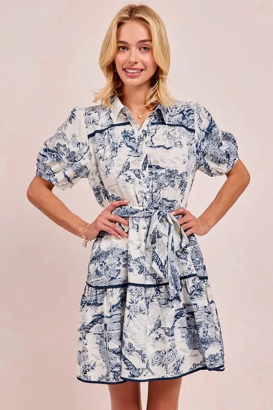 BiBi Navy Woven Vintage Printed Tiered Dress