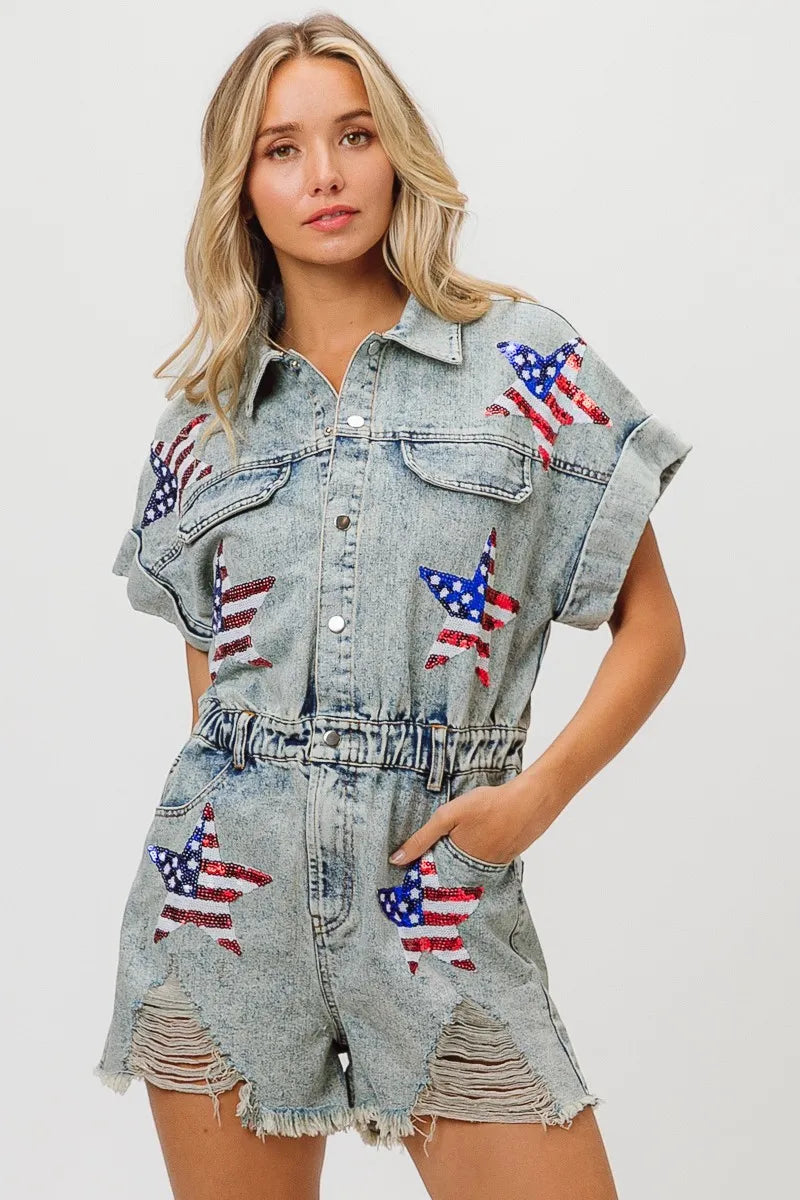 BiBi American Flag Washed Denim Romper