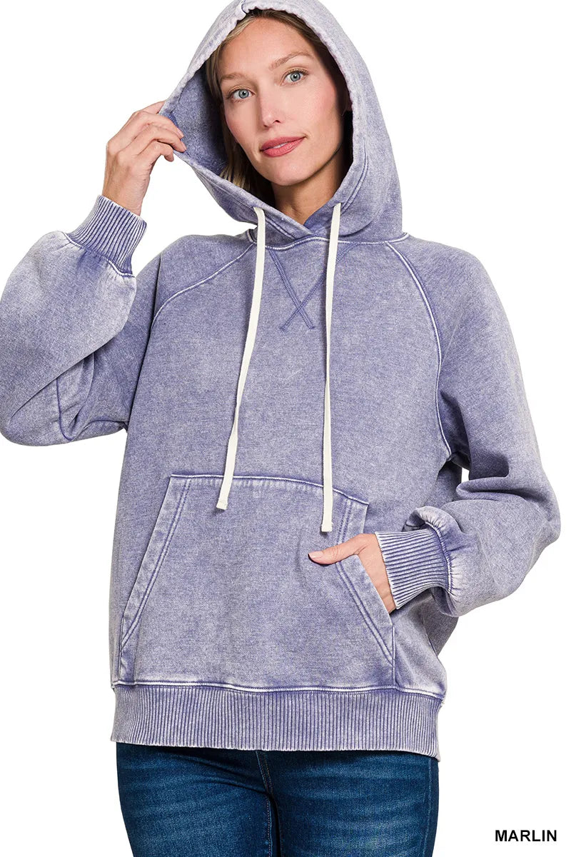 Zenana Marlin Acid Wash Fleece Hoodie with Kangaroo Pocket