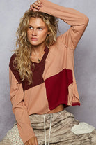 POL Burnt Coral Color Block Notched Long Sleeve T-Shirt