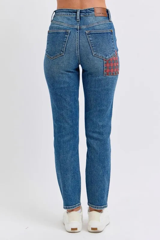 Judy Blue High Waisted Plaid Patch Slim Fit Jeans