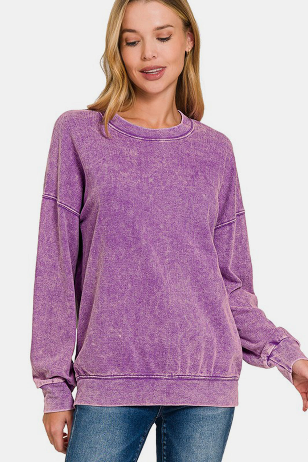 Zenana Violet Washed Round Neck Dropped Shoulder Sweatshirt Violet Shirts & Tops