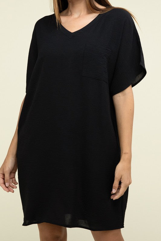 Zenana Woven Airflow V Neck T-Shirt Dress with Pockets BLACK ZENANA