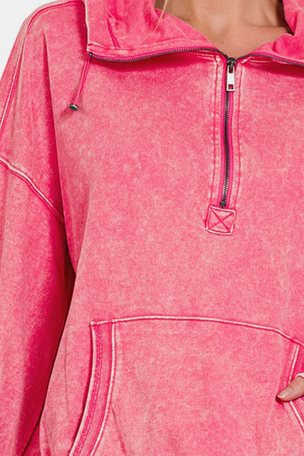 Zenana Washed Fuchsia Drawstring Half Zip Dropped Shoulder Hoodie Trendsi