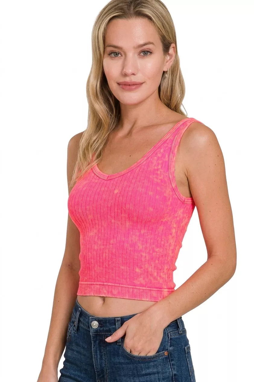 Zenana Neon Coral Fuchsia Washed Ribbed Seamless Cropped V-neck Tank Top