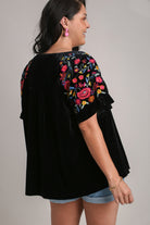 Umgee Black Velvet Embroidery Short Sleeve Blouse Shirts & Tops