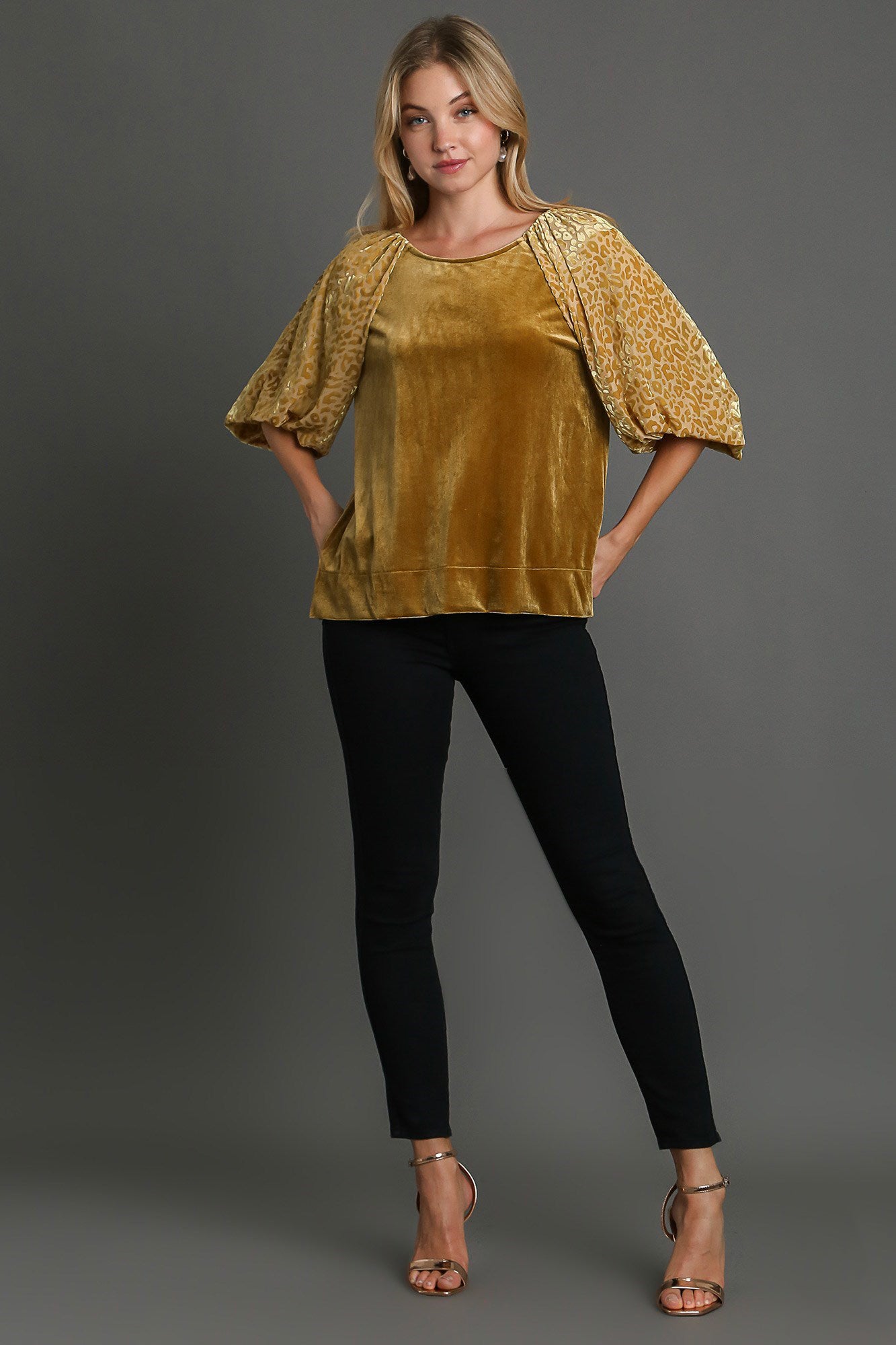 Umgee Mustard Round Neck Leopard Balloon Sleeve Velvet Blouse Shirts & Tops