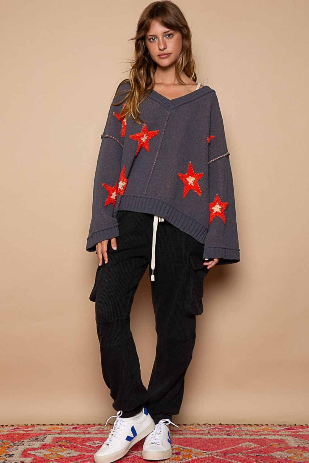 POL Charcoal Long Sleeve Star Berber Patch Sweater Trendsi