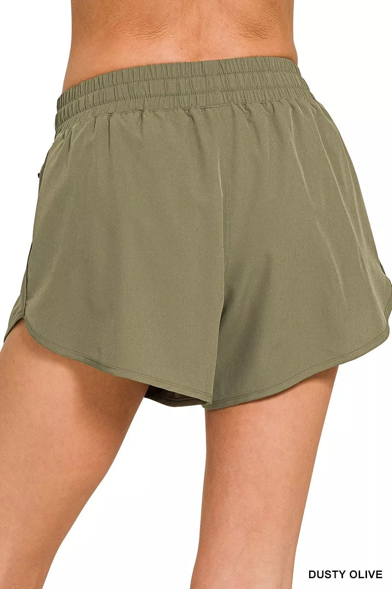 Zenana Dusty Olive Soft Woven Lined Shorts with Zip Coin Pocket