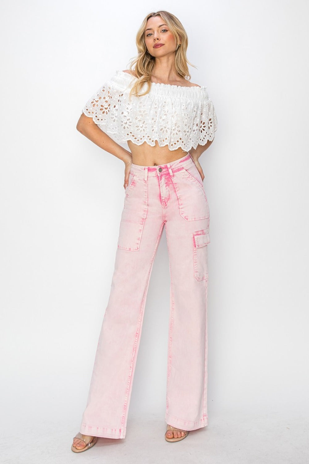 RISEN Pink Acid Washed High Rise Wide Leg Cargo Pocket Jeans Trendsi