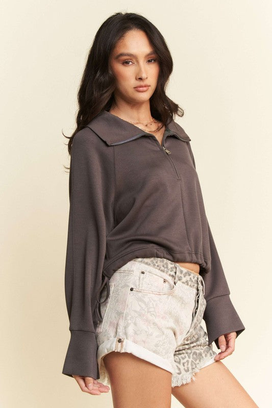 Davi & Dani Coffee Drawstring Hem Half Zip Raglan Sleeve Sweatshirt Shirts & Tops