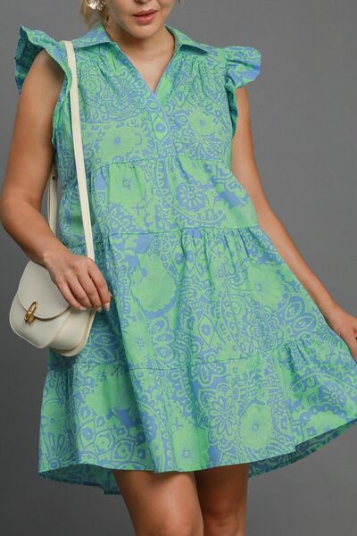 Umgee Gum Leaf Printed Ruffle Cap Sleeve Babydoll Dress